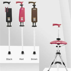 Multi-functional Non-slip Walking Stick with Seat One Key Foldable Crutch Chair Triangular Bracing Elderly Hiking Pole Walker