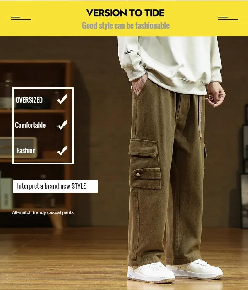 Description Picture 3 of item2024 New Men Cargo Pants Cotton Straight Wide Leg Oversize Pants Male Korean Style Autumn Big Size Fashion Pockets Casual Pants