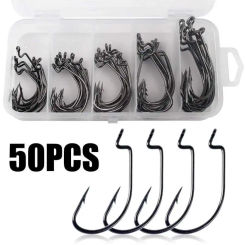 50pcs Fishing Hooks Worm Soft Bait FishHooks with Plastic Box Black Red Crank Hook Set