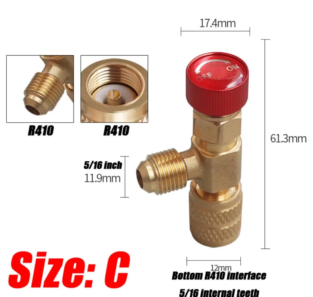 Description Picture 4 of item4/2/1PCS R410A R22 1/4" Refrigeration Charging Safety Valve Air Conditioning Refrigerant Safety Liquid Adapter Hand Tool Parts