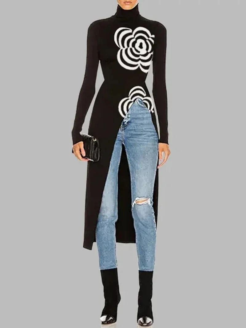 Description Picture 4 of itemBeautyblue Women Black Top Pullovers Sweater High Neck Casual Asymmetric Long Sleeves Printed Split-Joint Winter Tops Female