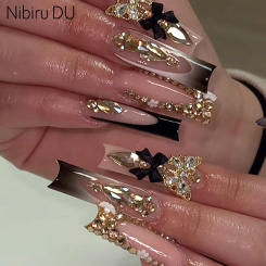 24pcs Long Coffins Press On Nails Wearable False Nails Black Bowknot with Rhinestones French Design Glitter Fake Nails Tips