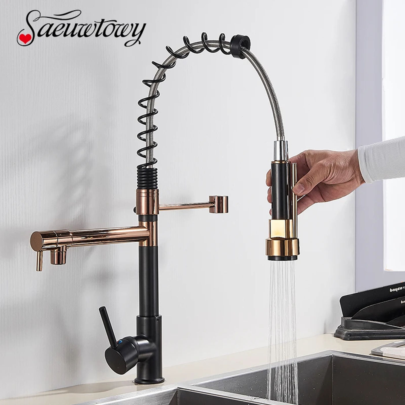 Description Picture 3 of itemLuxury Black And Rose Gold Spring Pull Down Kitchen  Faucet Hot And Cold Water Mixer With Deck Mounted Tap 360 ° Rotate Brass