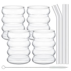 4 Pcs Creative Glass Cups Cute Ripple Shaped Vintage Drinking Glasses Ribbed Glassware with Straws Set for Kitchen Coffee Juice