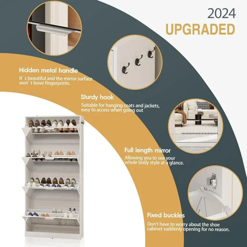 Description Picture 4 of itemMirror Shoe Cabinet with 4 Flip Drawers, Wooden Shoe Organizer with 4 Tier for Small Spaces, Full Length Mirror Shoe Rack