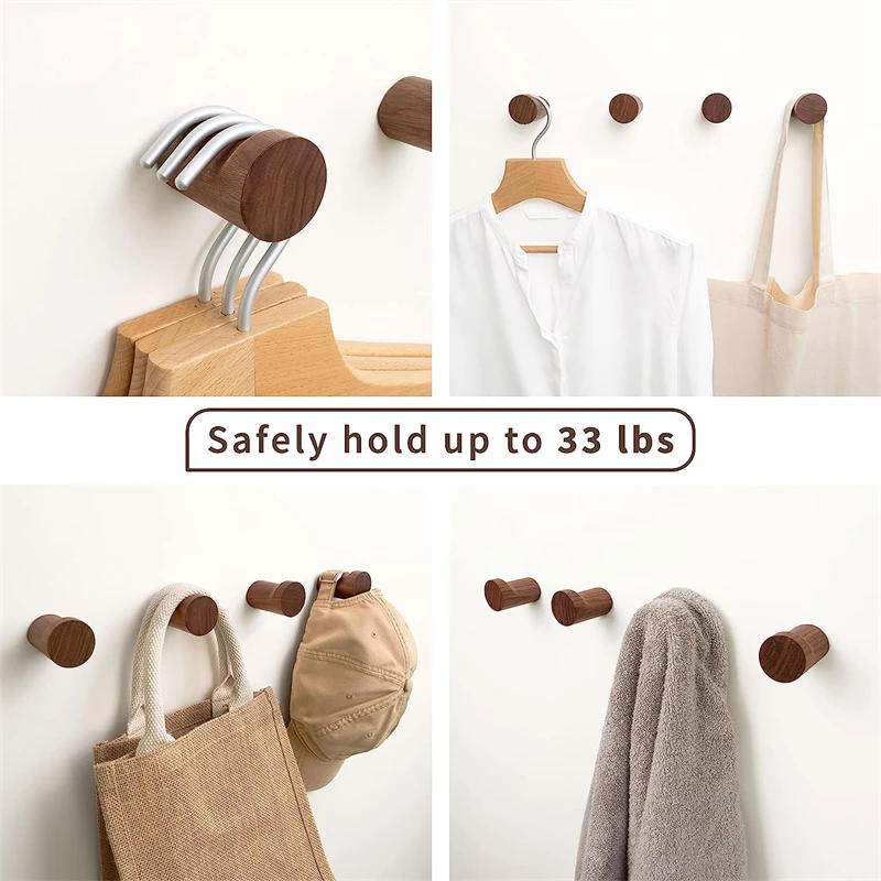 Description Picture 5 of item2/4/6PCS Wood Wall Hook Clothes Coat Hanger Key Holder Hat Bag Scarf Towel Storage Hanging Rack Wall Mounted Bathroom Organizer