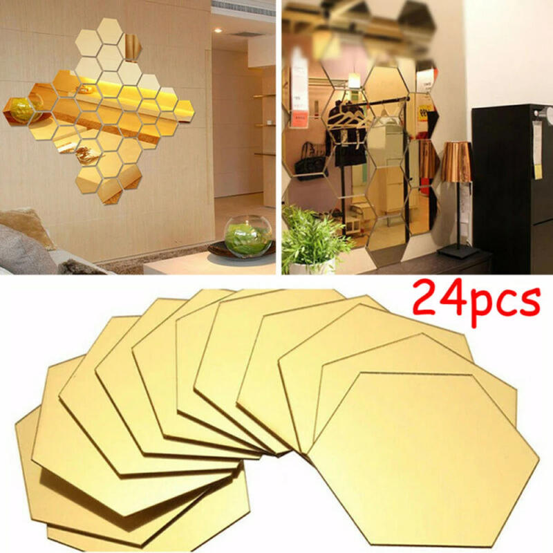 Description Picture 6 of itemRemovable Mirror Wall Sticker Stickers Tile Hexagon Home Living room Mirror Wall 24Pcs 3D Decal Decor High Quality