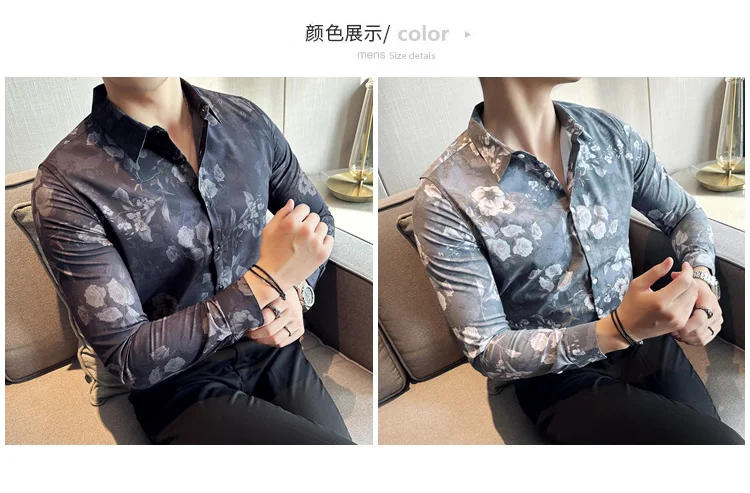 Description Picture 3 of itemBritish Floral Shirt for Men Long Sleeve Slim Fit Casual Shirts Fashion Business Formal Dress Shirts Social Party Tuxedo Blouse