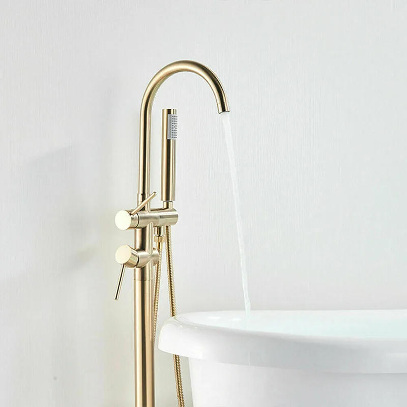 Description Picture 4 of itemBrushed Gold High Rise Round Pipe Bath Mixer Floor Mounted Bathtub Filler Shower Roman Tub Faucet Set  Stand