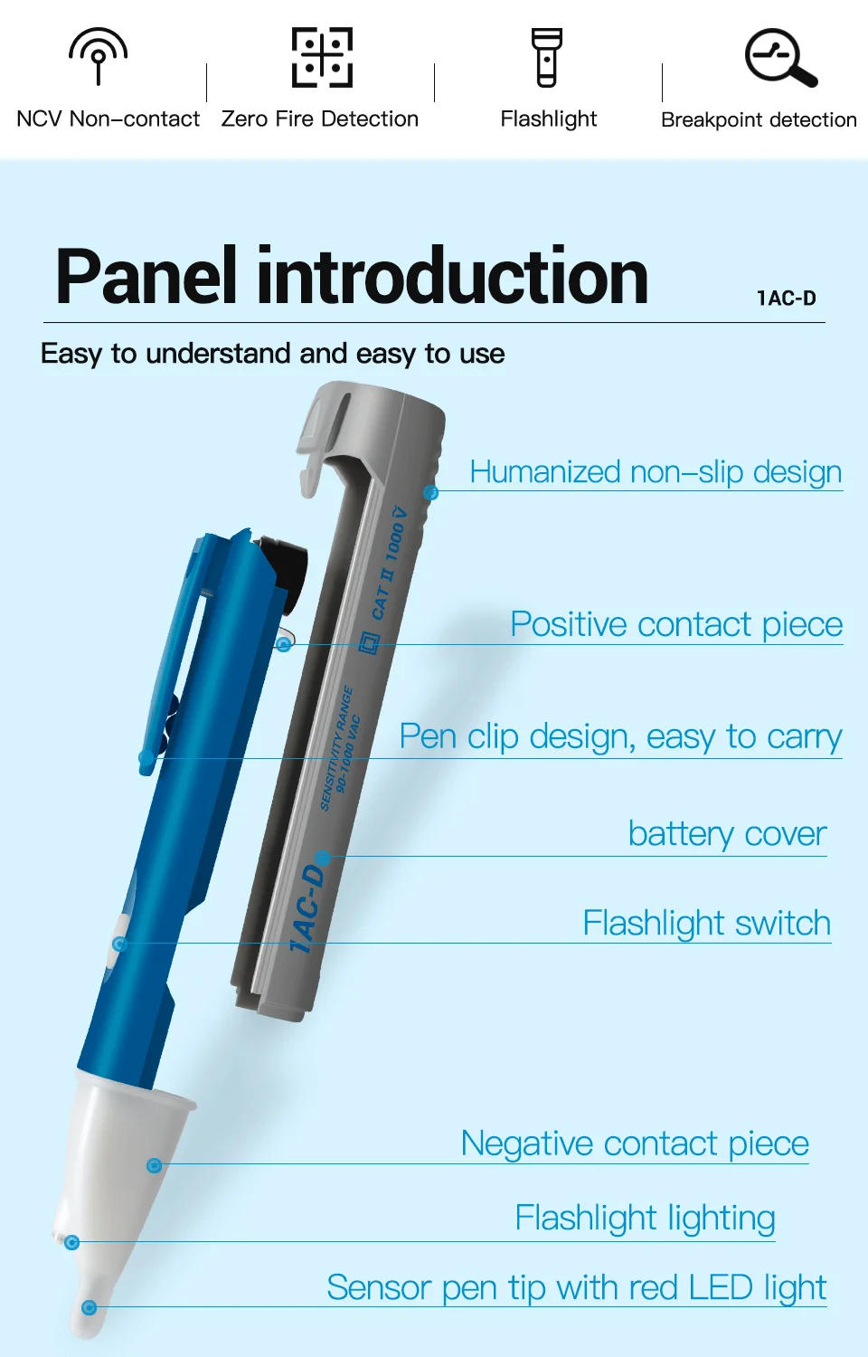 Description Picture 5 of itemAMITOU 1AC-D AC Voltage Detectors Digital Non-Contact Test Pencil Electric Voltage Meters 90-1000VAC line Breakpoint Tester