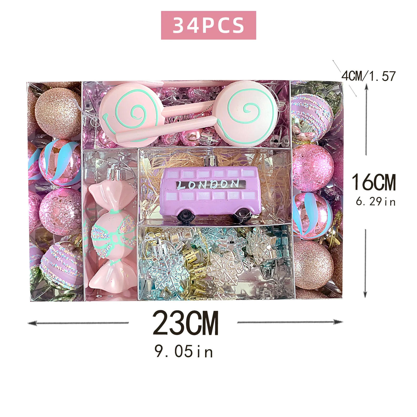 Description Picture 3 of item34/58/80pcs Pink Christmas Ball Ornaments Candy Box Plastic Painted Christmas Tree Party Decoration Christmas Spheres Pendant