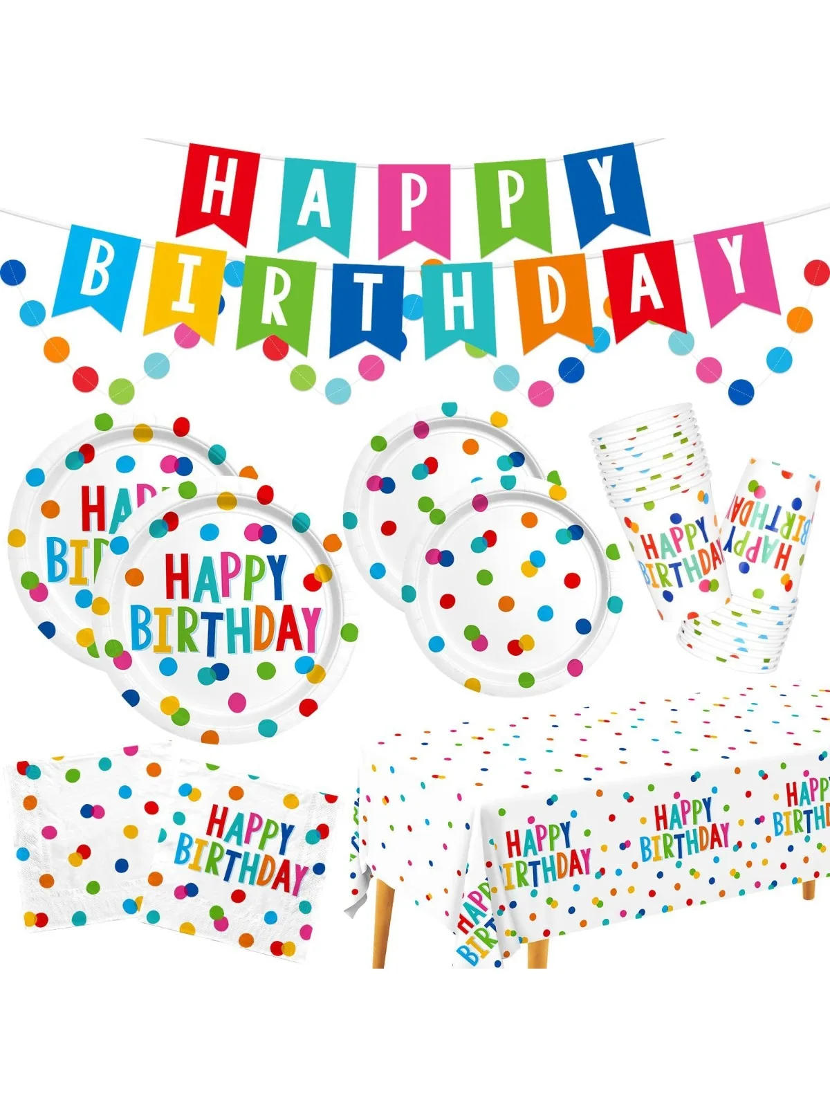 Description Picture 2 of itemColorful Birthday Theme Party Disposable Tableware Set Paper Cup Paper Plate Knife Fork Spoon Paper Straw Happy Birthday Party