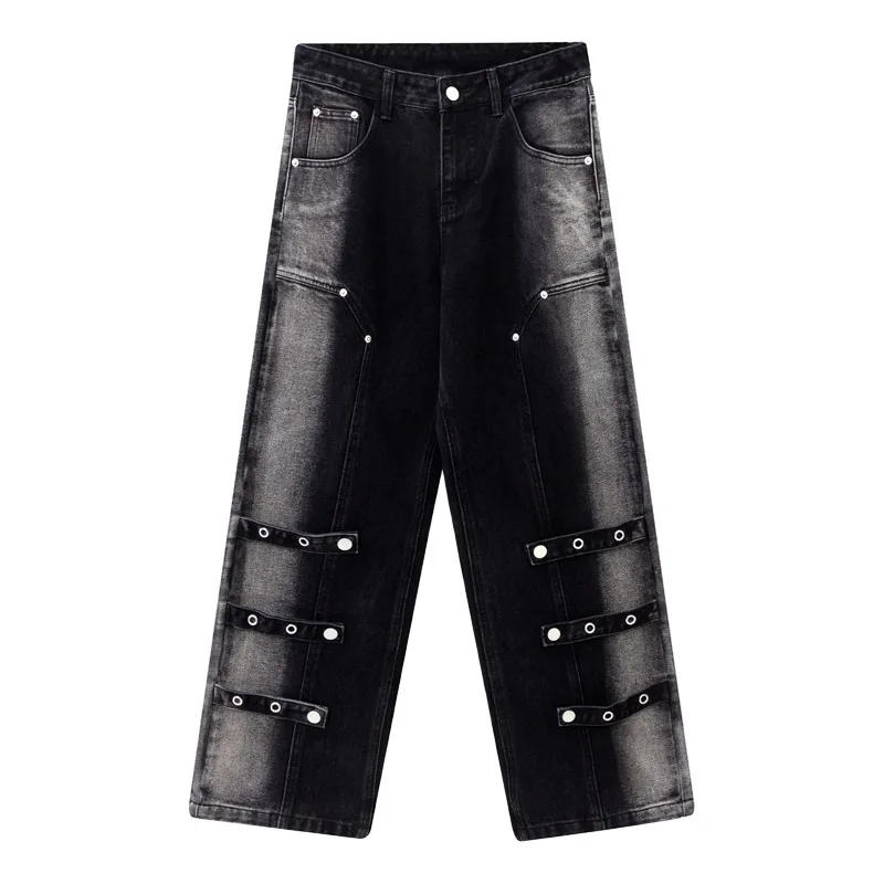 Description Picture 3 of itemHeavy yellow mud color splicing jeans trend new American retro hip-hop distressed men and women loose fashion personality pants