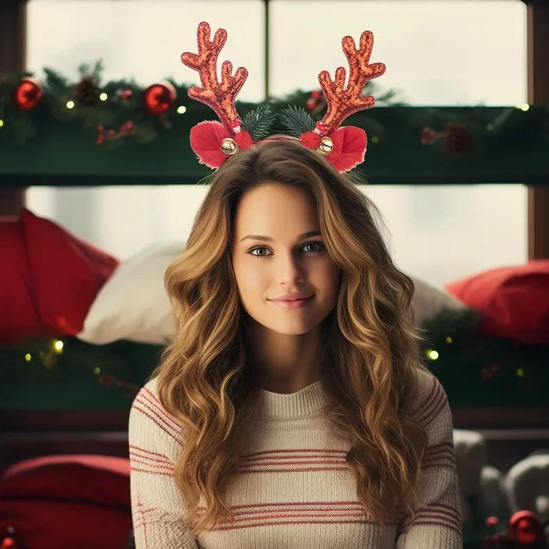 Description Picture 6 of itemChristmas Elk Bell Headband Deer Antlers Hair Dress Xmas Pine Needles Headwear Merry Christmas Photo Prop Happy New Year 2025