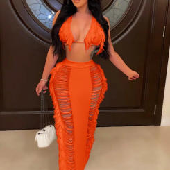 JRRY Sexy Women Knitted Set Halter Backless Crop Top Tassel Skirt Crochet Two Pieces Set Hollow Out Crocheted Beach Dress Set