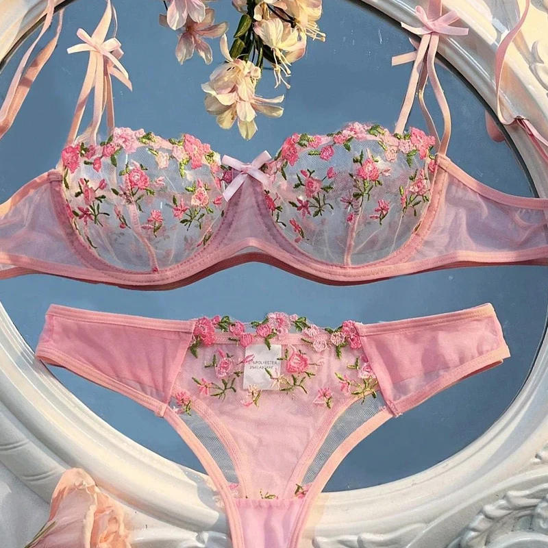 Description Picture 5 of itemSexy Pink Underwear Babydoll Mesh Embroidery Floral Erotic Babydoll Wedding Night See Through Bra And Lace G-string Set Lingerie