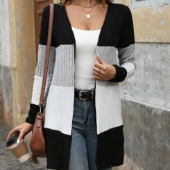 Color blocked women's knitted cardigan wool sweater for autumn and winter mid to long casual flannel thick coatfully matched