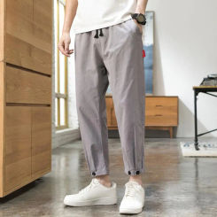 Men Drawstring Waist Trousers Men's Straight Ankle-banded Sweatpants with Side Pockets for Gym Training Jogging Elastic Waist