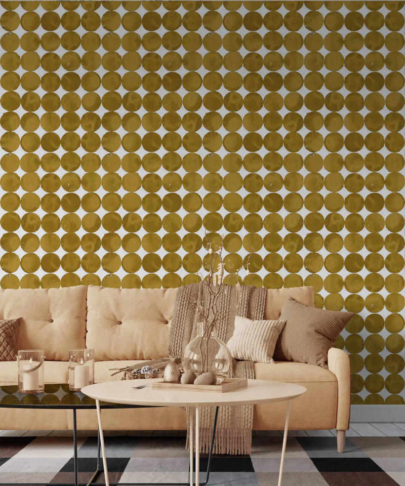 Description Picture 5 of itemThe Moon Shade Wallpaper, Lunar Craters Wall paper Lined up on plain back friezes of monochrome circles in shimmer Golden yellow