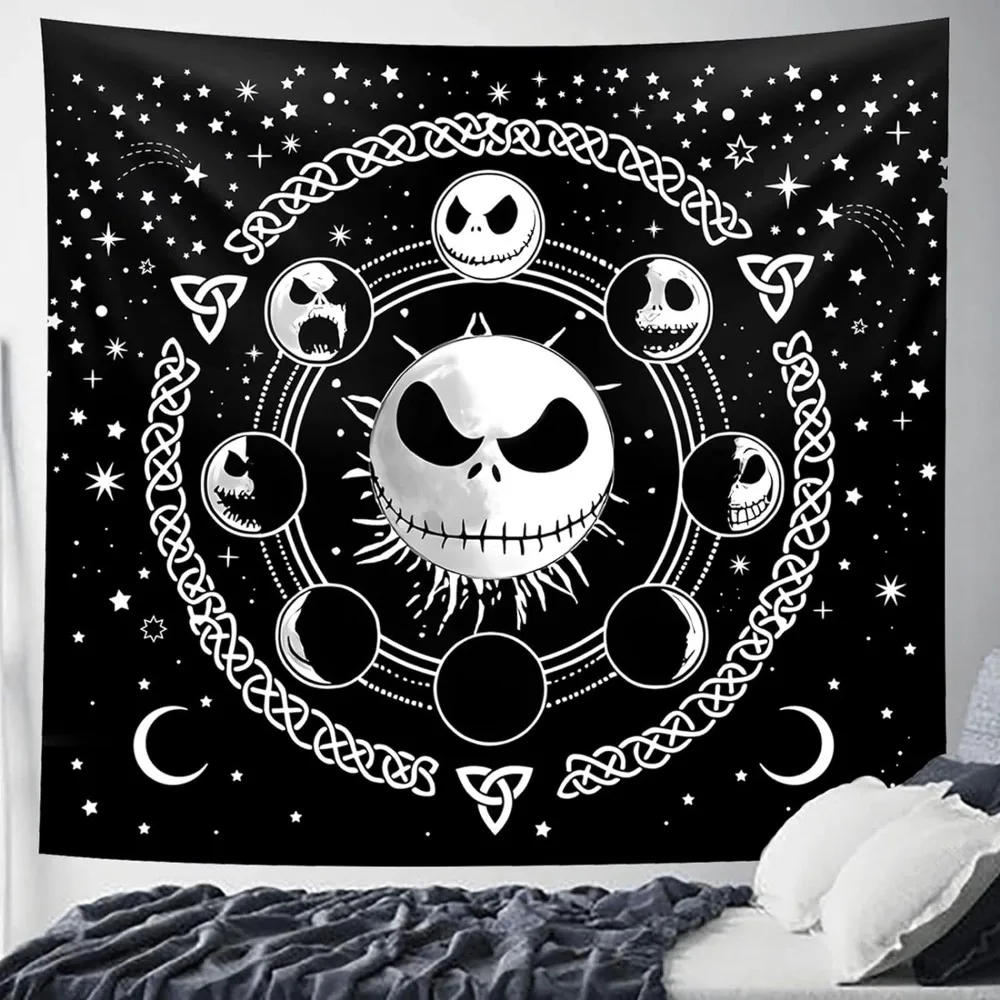 Description Picture 2 of itemNightmare Before Christmas Tapestry Black and White Stars Skull Tapestries Jack Skellington Skull Aesthetic Home Wall Decoration