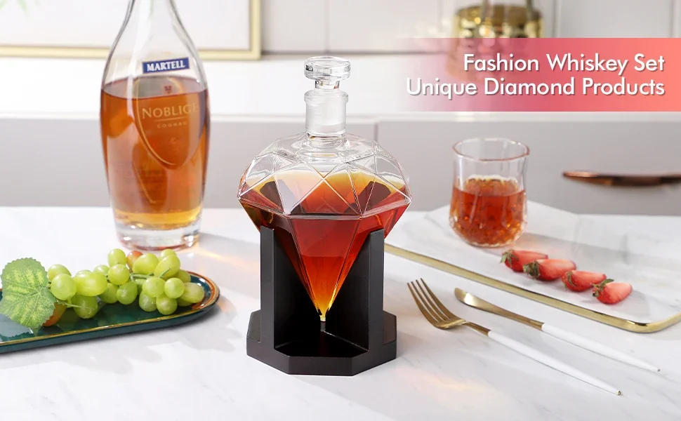 Description Picture 2 of item1000ml Whiskey Decanter glass diamond wine bottle with Wooden Holder Airtight Stopper Suitable for all kinds of alcohol Gift