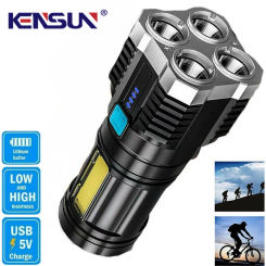 Strong Light Flashlight Camping Torch Rechargeable Multifunctional Portable Hand Lantern with 4 Lamp Beads and COB Side Light
