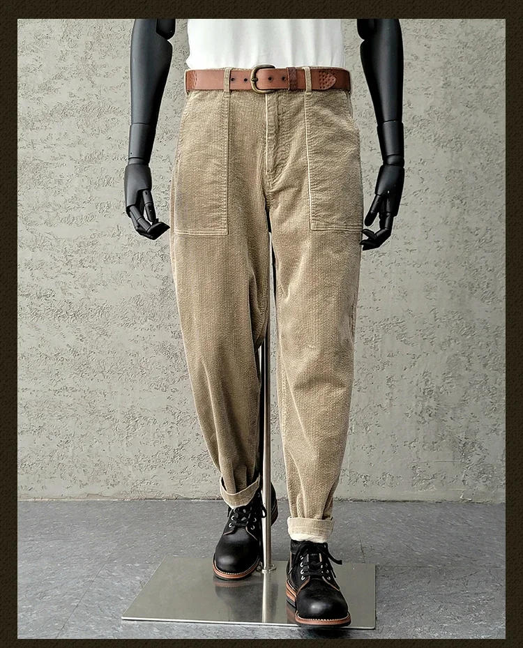 Description Picture 5 of itemAmei Khaki Style Vintage Cotton Khaki Corduroy Cargo Wide Leg Pants Day Loose Tapered Foot Pants