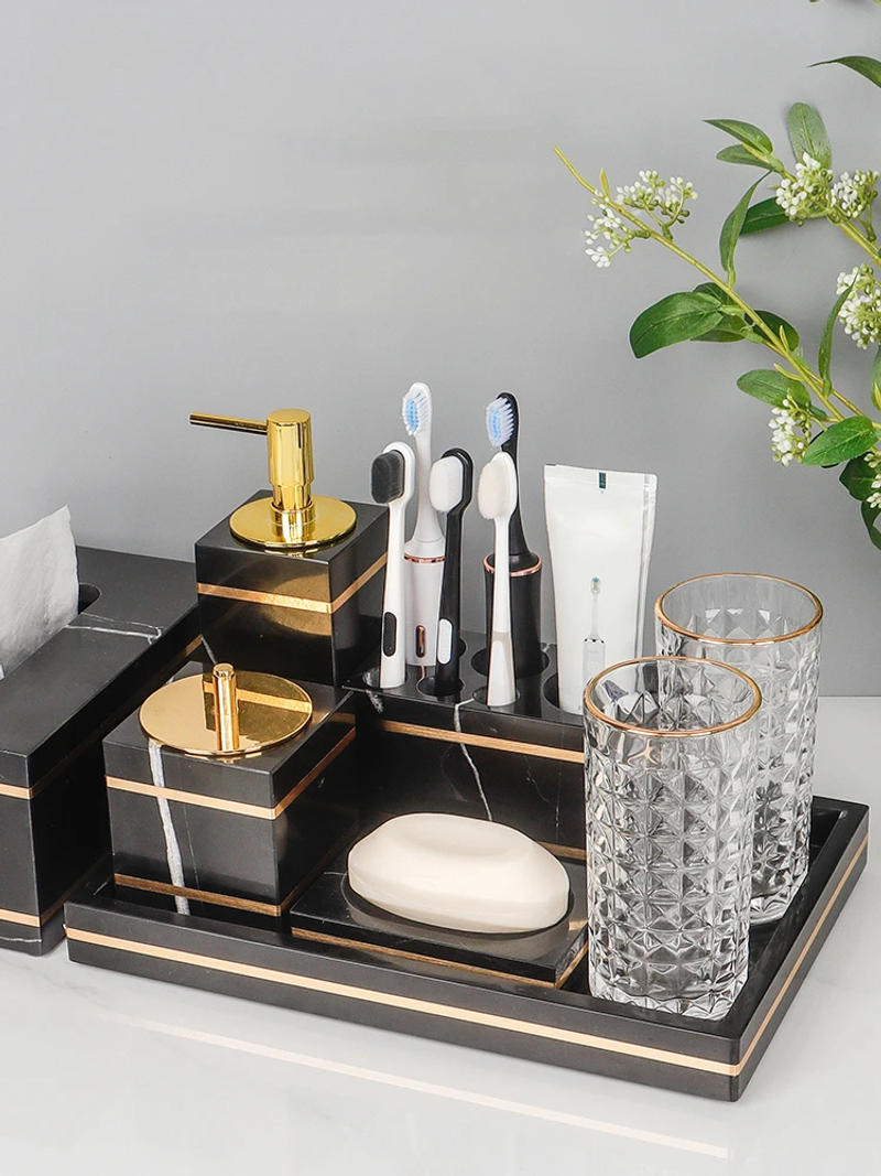 Description Picture 4 of itemBlack Nero Marquin Natural Marble Bathroom Accessories Luxury Gold Soap Dish Soap Dispenser Toothbrush Holder Tray Bathroom Set