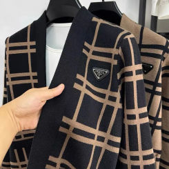 High end brand fashion printed knitted cardigan men's 2023 spring and autumn new V-neck casual shawl retro striped sweater coat