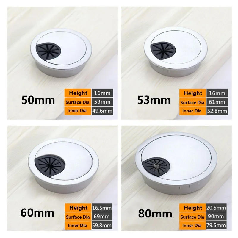 Description Picture 3 of item4 Sizes 50/53/60/80mm Zinc Alloy Desk Wire Hole Cover Computer Tidy Grommet Table Cable Outlet Port Surface Line Box Hardware