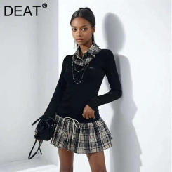 DEAT Fashion Women's Lapel Contrast Color Causal T-shirts Female Trendy Drawstring Plaid Short Skirts Spring New Arrival 33A2680
