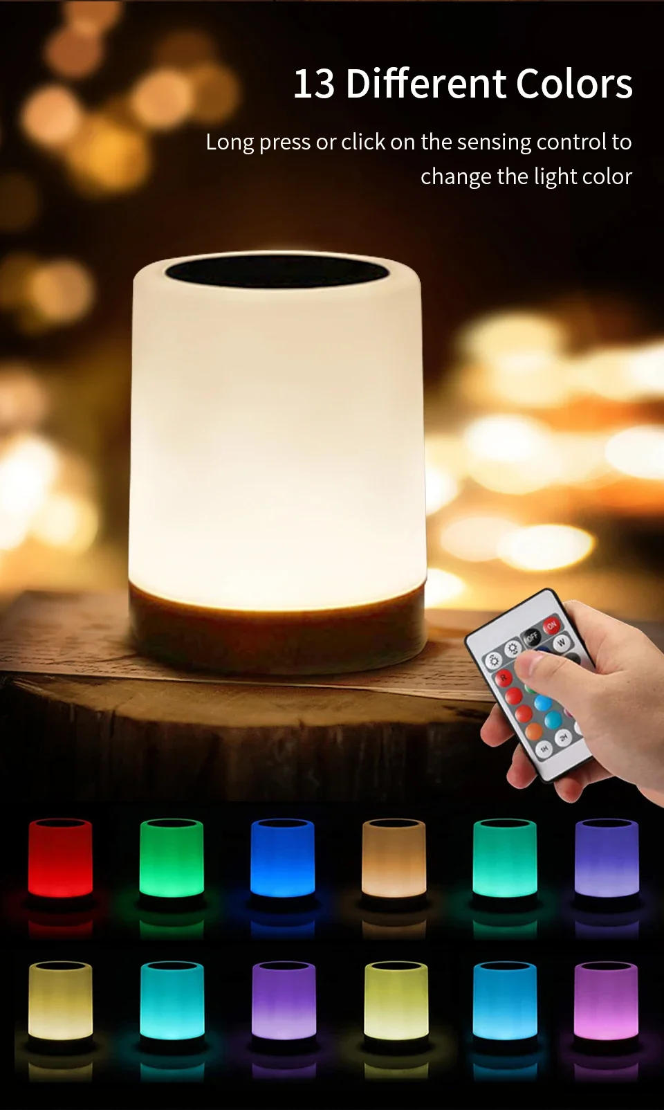 Description Picture 5 of item13 Colors LED Night Light with Remote Control Rechargeable RGB Dimmable Touch Table Lamp Portable Bedroom Bedside Night Lamp