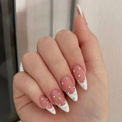 24 Long Almond White French Patterned 3D Diamond Gloss Fake Nails&1 Nail File and 1 Piece of Jelly Glue