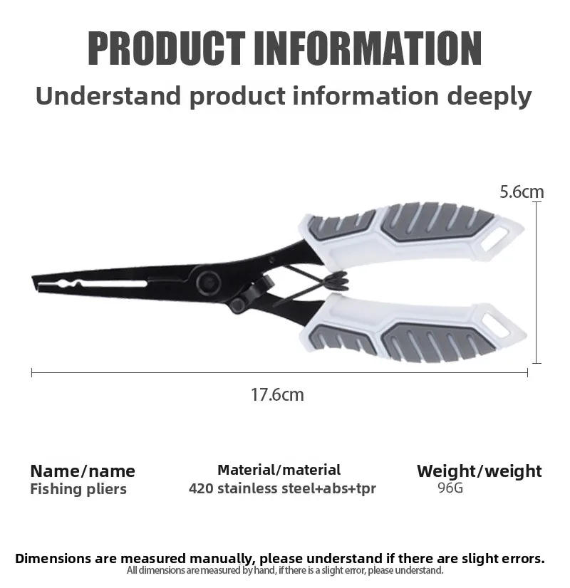Description Picture 3 of itemStainless Steel Fishing Pliers Multifunction Hook Remover Line Cutter Split Ring Tool Anti-Slip Grip PTFE Coating Fishing Access