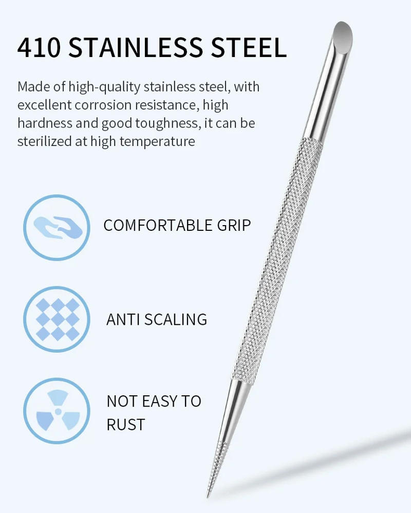 Description Picture 6 of itemNail Double-Ended Stainless Steel Circle Beveled Head Cuticle Pusher Remover Manicure Sticks Nail Dotting Tools Cuticle Scissors