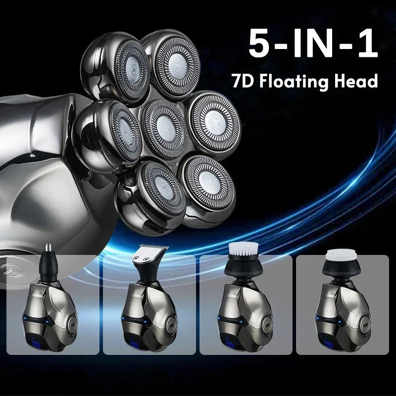 Description Picture 5 of item5-IN-1 Men Rechargeable Bald Head Electric Shaver 7D Floating Blade Head Beard Nose Ear Hair Trimmer Razor Clipper Facial Brush