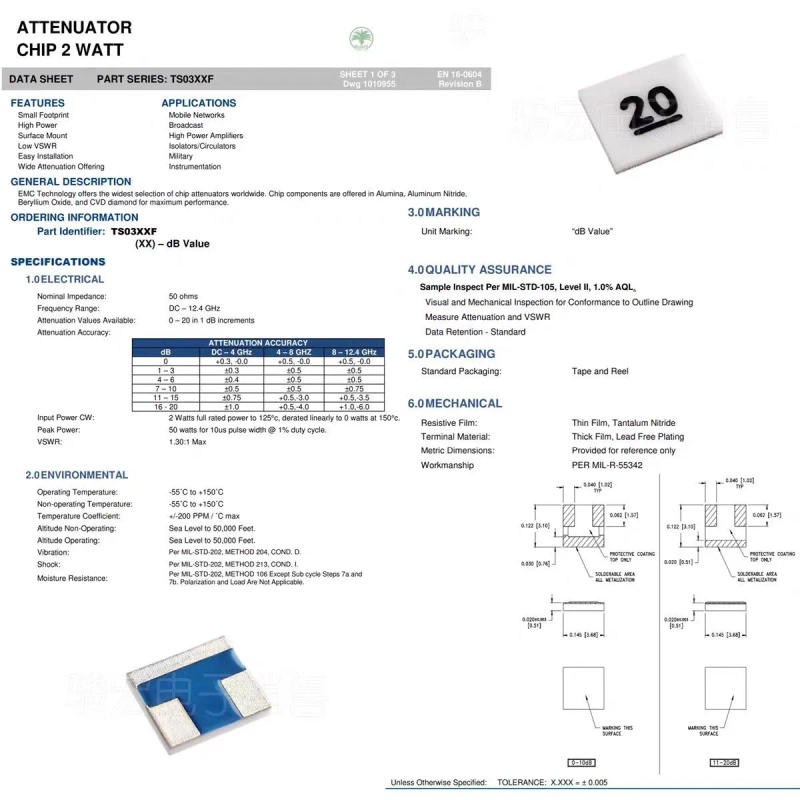 Description Picture 2 of itemOriginal new 100% SMD mount miniature 3.1*3.68mm RF microwave absorption temperature compensated attenuator inductor 12.4GHz 2W