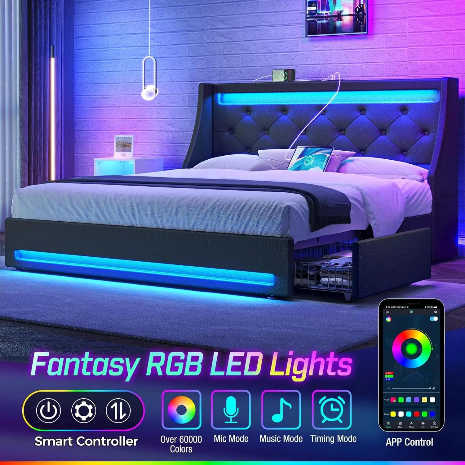 Description Picture 4 of itemQueen size bed frame with LED light charging station, PU leather bed with drawers, wooden slats, noiseless and easy to assemble