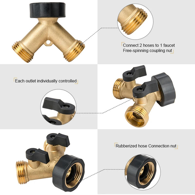 Description Picture 5 of item4 Ways Heavy Duty Brass Garden Hose Splitter Bibcock Connector Spigot Adapter Tap Faucet Hose Kink Protector