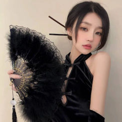 Chinese Style Vintage Foldable Hand Fan Feathers Lace Folding Handheld Fan for Sexy Dance Wedding Decoration Party Favor Gifts