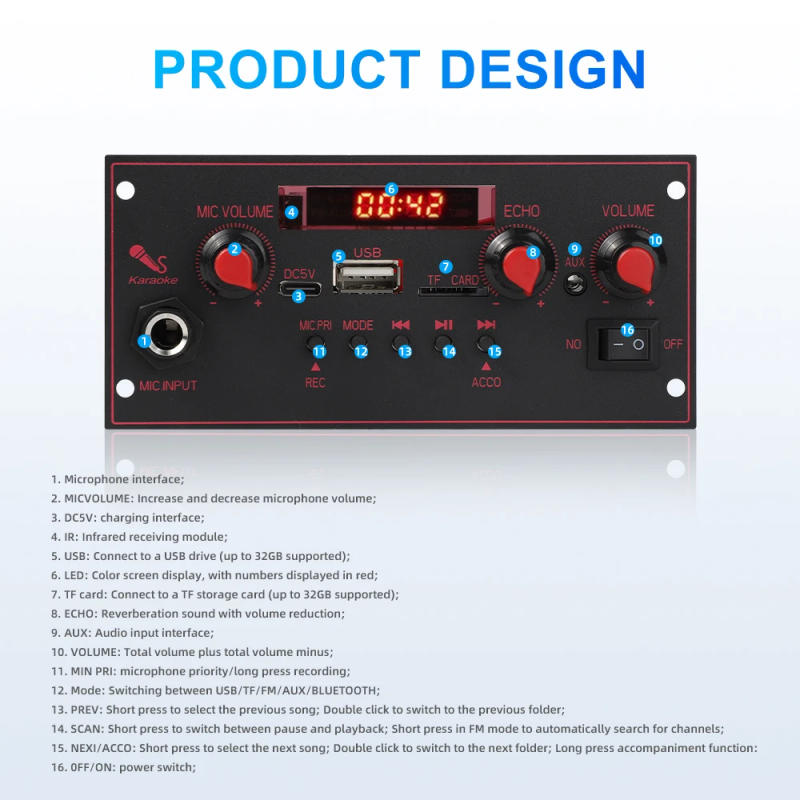 Description Picture 6 of item20W Amplifier DC 5V Bluetooth Decoder Board 6.5mm Microphone FM Radio TF USB Car Audio Music Player Speakers Volume Control DIY