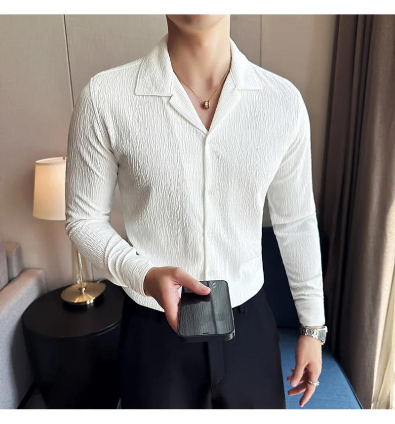 Description Picture 5 of itemMen Shirts 2024 Autumn New Long Sleeved V-neck Slim Fit Camisas Solid Casual Top Formal Dress Shirt Korean Fashion Men Clothing