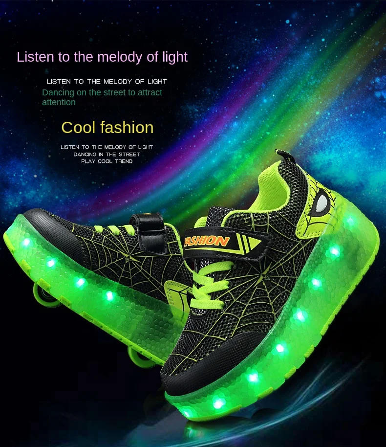 Description Picture 2 of itemKid Sneakers Spider Cartoon Mesh Usb Charge Luminous Shoes Outdoor Sport Roller Skates Child Skate Shoes Boys Girls Casual Shoes