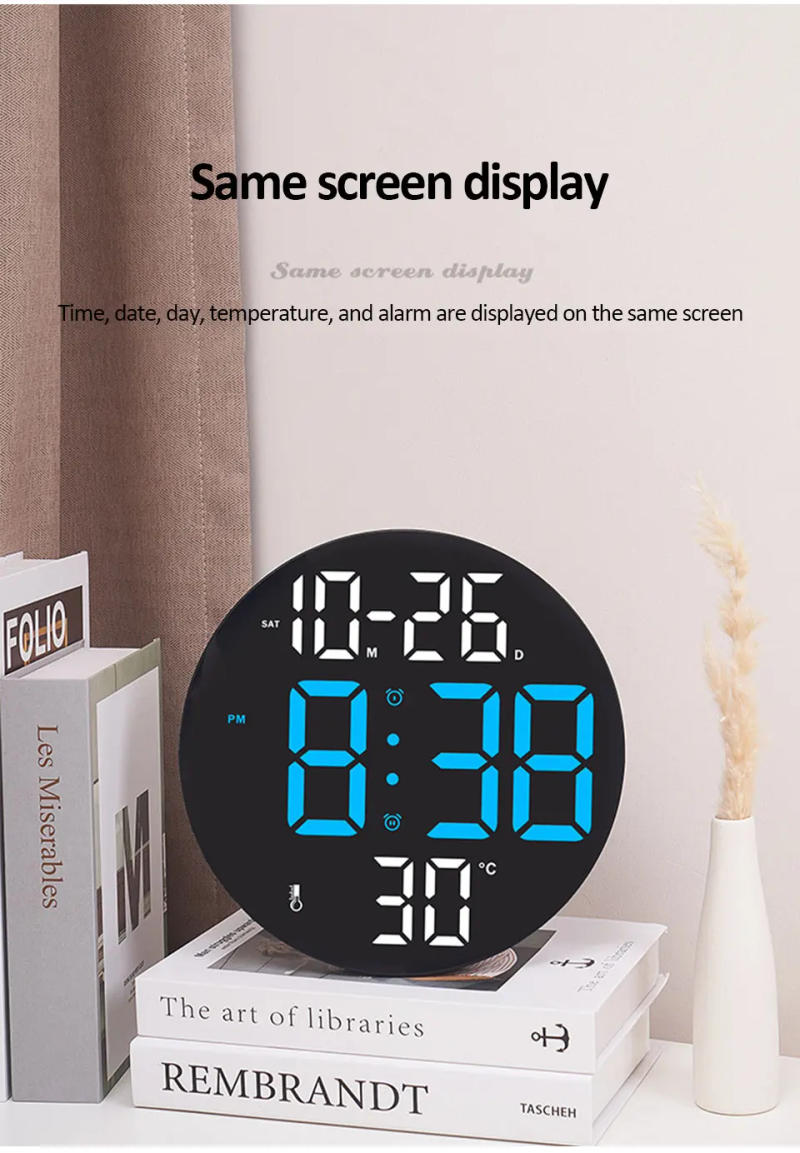 Description Picture 4 of item10inch LED Large Digital Wall Clock with Dual Alarms Calendar and Temperature Display Brightness Adjustable Countdown Home Clock
