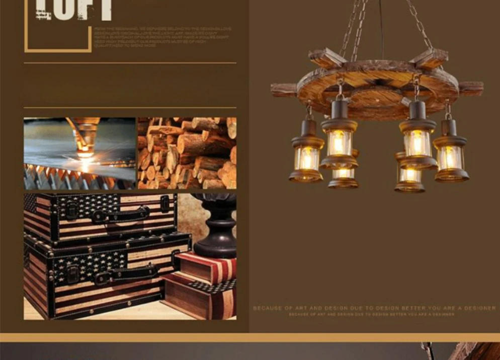 Description Picture 3 of itemRetro Boat Wood Chandelier Loft Industrial Style American Nostalgic Creative Personality Restaurant Bar Counter Café Lamps