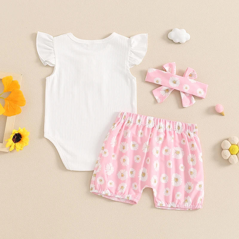 Description Picture 3 of itemBaby Girls Shorts Set Fly Sleeve Romper with Flower Print Shorts and Hairband Summer Outfit