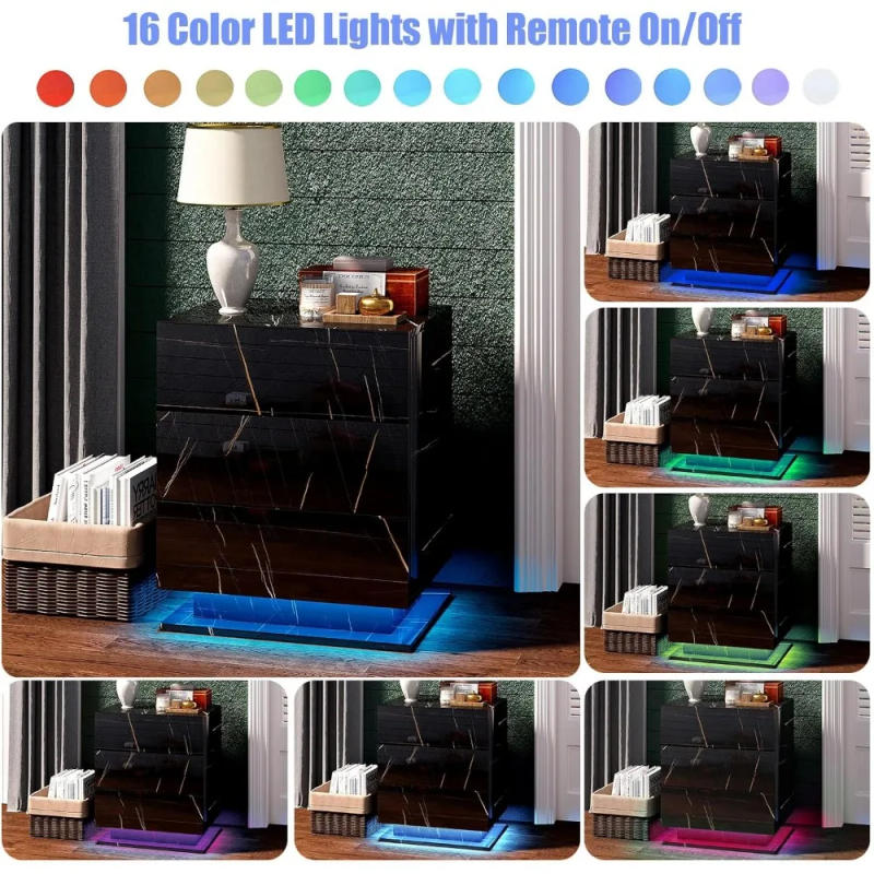 Description Picture 5 of itemLED Nightstands with 3 Storage Drawers, Wooden Smart Side Table End Table for Bedroom, Living Room, Office, Nightstand