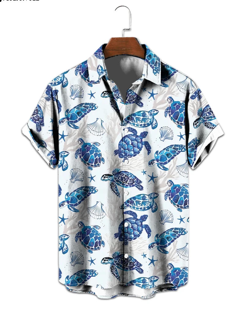 Description Picture 4 of itemClassic 3D printed scallop turtle print, lapel short-sleeved shirt top, casual fashion loose plus size shirt, everyday wear