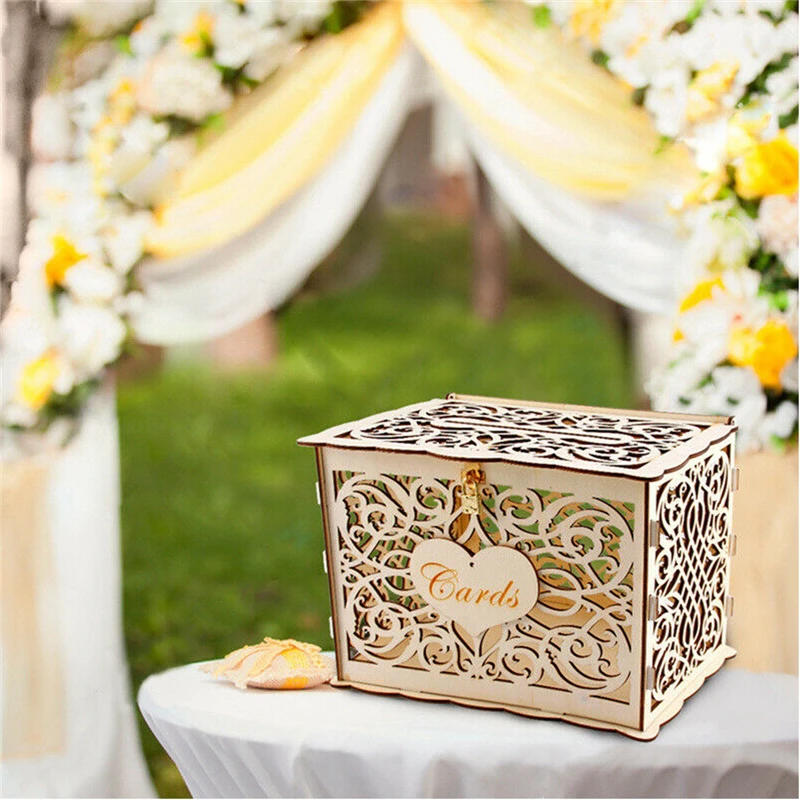 Description Picture 6 of item30X24X21cm DIY Wedding Gift Card Box Wooden Money Box with Lock Beautiful Wedding Decoration Birthday Party Supplies