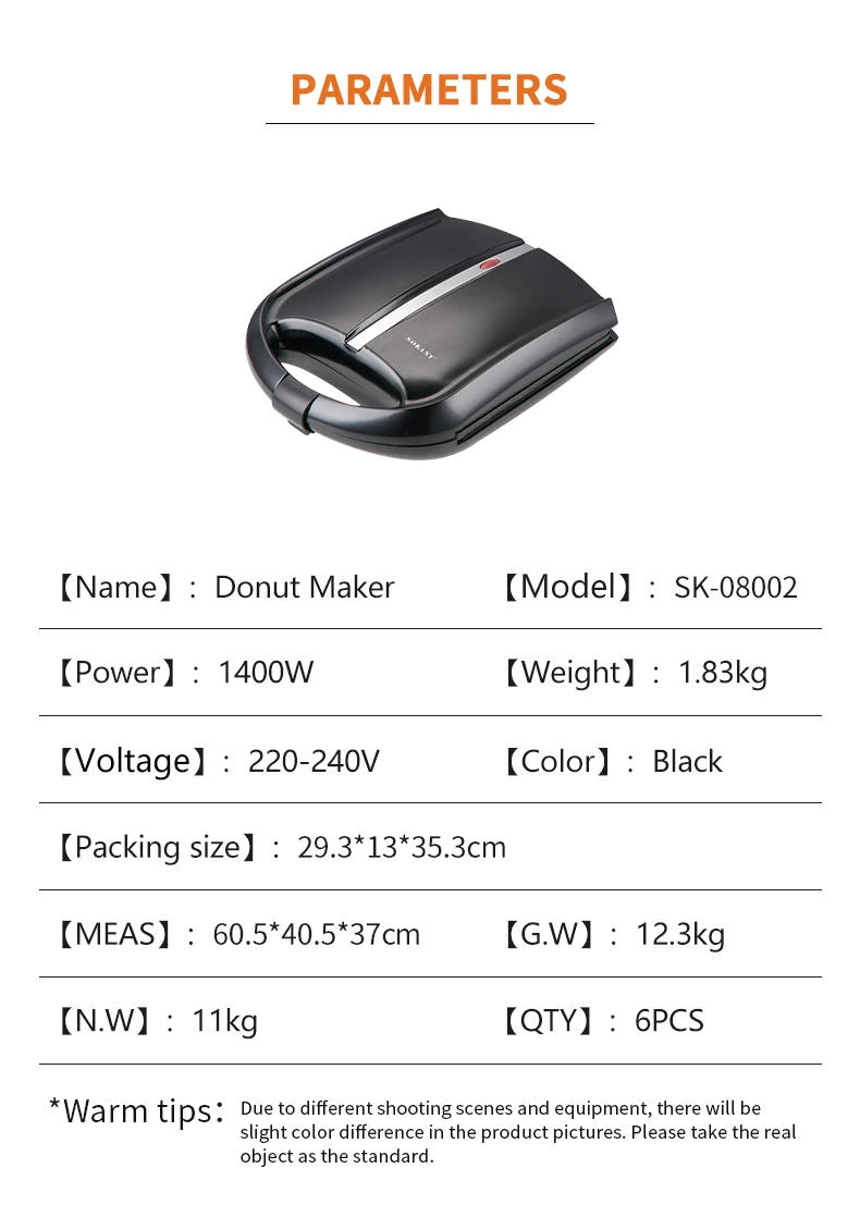Description Picture 4 of itemSOKANY Product SK-08002 Mini Donut Maker Machine 1400W High-Power Double-Sided Heating Anti-Stick Design Toaster Sandwich Maker